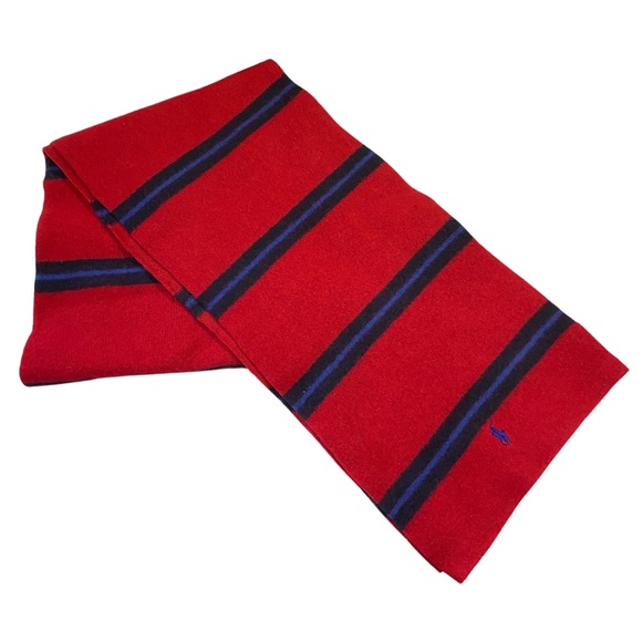 Polo Ralph Lauren Mens 100% Lambs Wool Scarf Navy Blue Red Stripes Small Pony - Picture 1 of 10